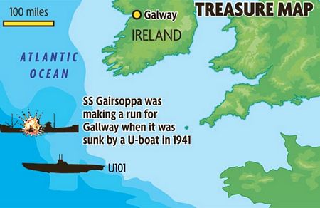 Tàu SS Gairsoppa bị tấn công bằng ngư lôi khi ở cách bờ biển Ireland khoảng 483km