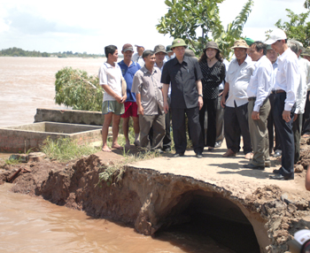 Thủ tướng Nguyễn Tấn Dũng kiểm tra khu vực sạt lở một đoạn đê sông Tiền tại xã Long Thuận, thị xã Hồng Ngự